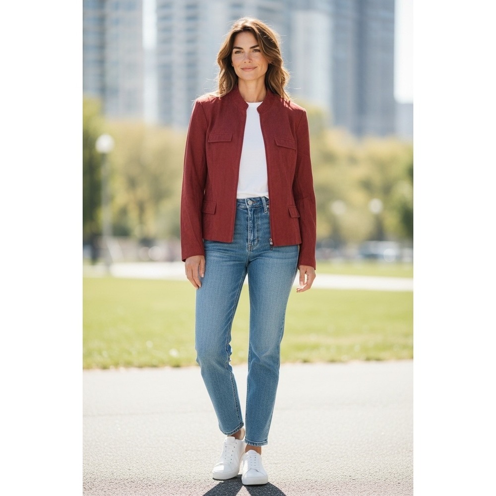 STUDIO I Womens‎ Blazer Jacket Red Suede Like Zipper Front Medium